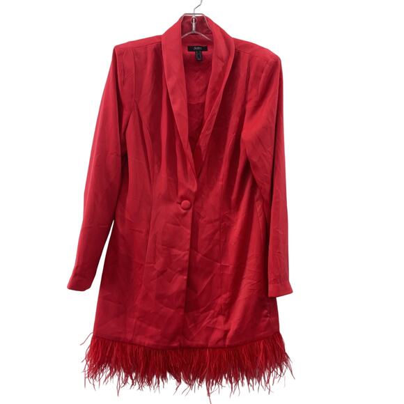 Aidan Mattox Red Feather Trim Tuxedo Jacket Dress Women’s Size 8 Poly Preowned - Picture 1 of 5